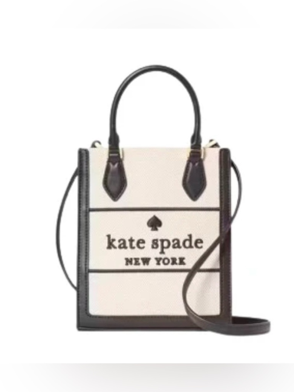 NWT Kate Spade Mini Ellie Tote Black Leather with Tan Straw Canvas - Picture 8 of 11
